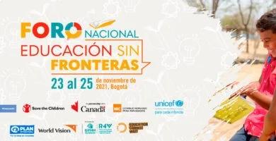 Promotional graphic for the ���Foro Nacional Educaci??n Sin Fronteras��� event, displaying event dates, partner organization logos, and a child reading on the right side of the banner.