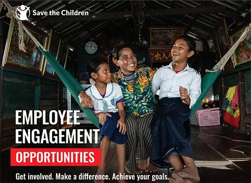 Adult seated with two children inside a home, with Save the Children employee engagement campaign text displayed on the image.