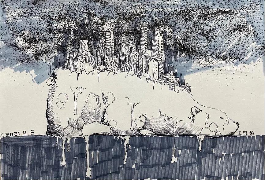Hand-drawn illustration showing a polar bear lying on a melting ice surface with a dense city skyline above, symbolizing the impact of urbanization and climate change on wildlife.