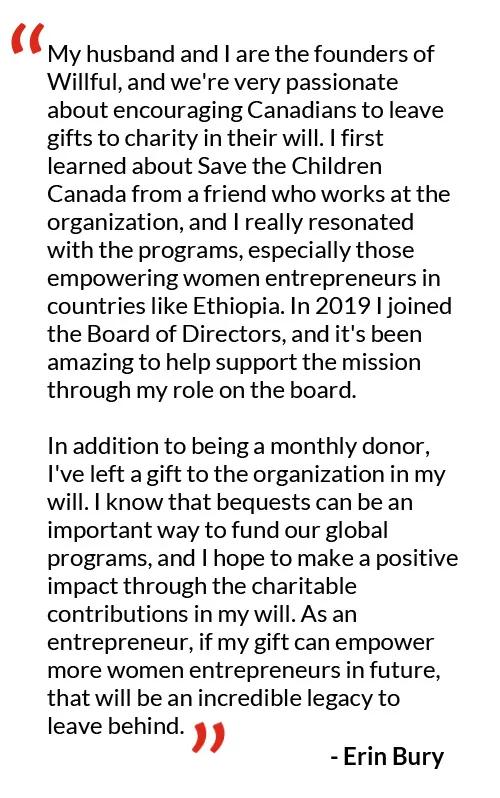 Graphic featuring a testimonial quote about charitable giving, support for Save the Children, and leaving a gift in a will, attributed to Erin Bury, displayed on a light gray background with red quotation marks.