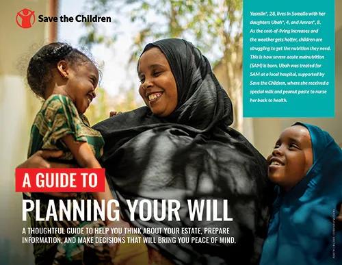 Cover image for a planned giving guide showing an adult with two children outdoors, alongside text about planning a will and making estate decisions.