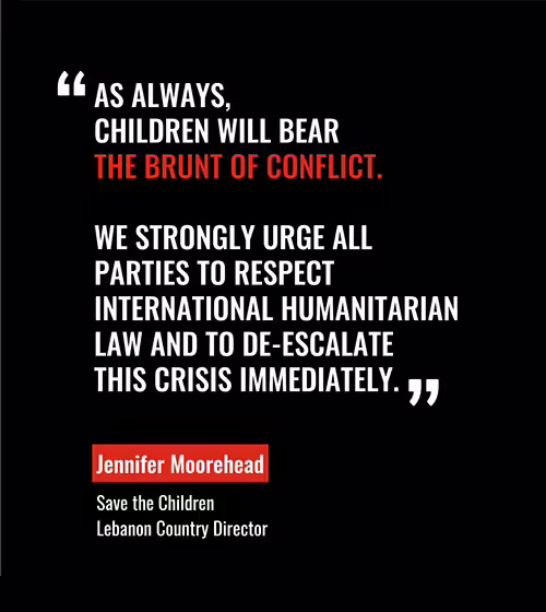 Black-background advocacy graphic displaying a statement that children bear the brunt of conflict and urging respect for international humanitarian law and de-escalation of the crisis, attributed to Jennifer Moorehead, Save the Children Lebanon Country Director.