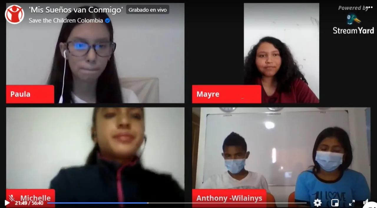 Screenshot of an online video conference featuring several young participants in a multi-panel layout during a Save the Children virtual discussion or educational event.