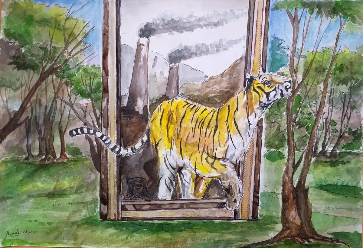 Watercolor painting depicting a tiger emerging from a framed industrial scene with factory smokestacks emitting smoke, set against a forest landscape.