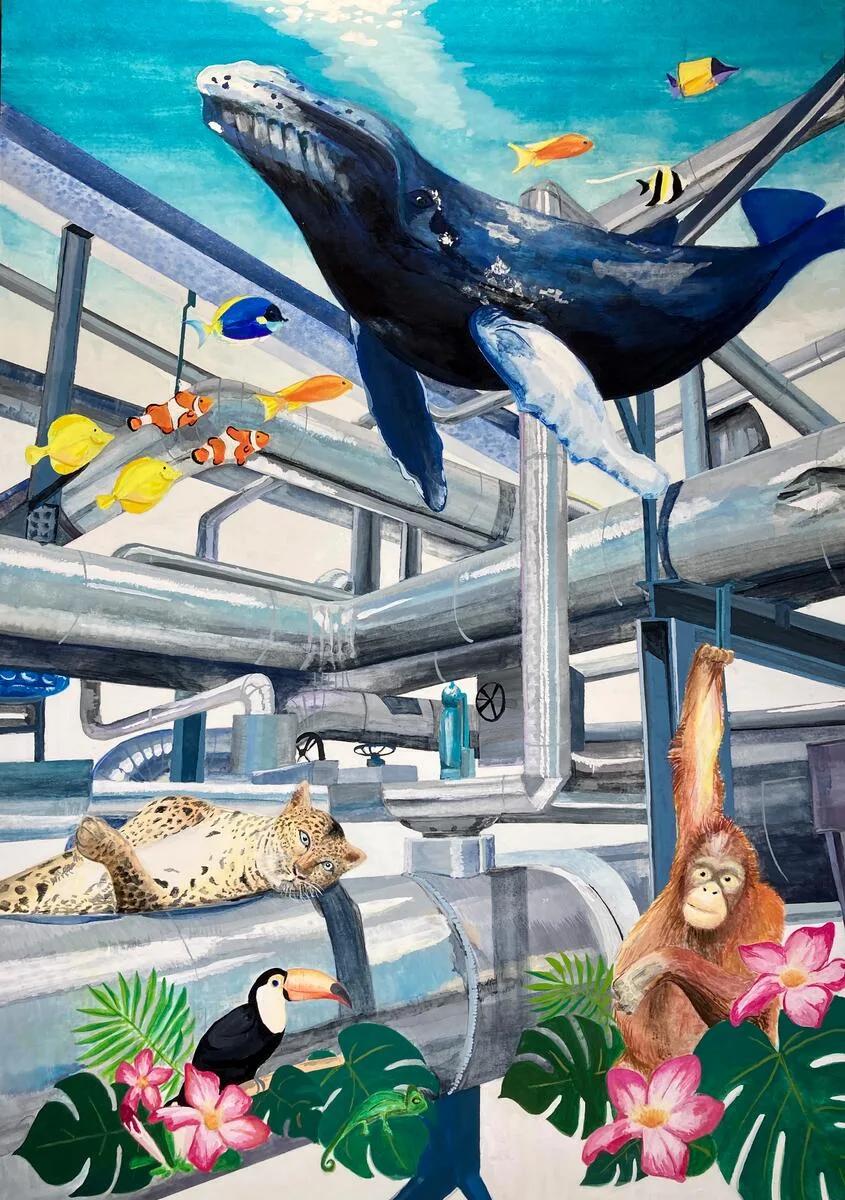 Detailed painting depicting a whale, orangutan, leopard, toucan, fish, and tropical plants surrounded by large industrial pipes and infrastructure.
