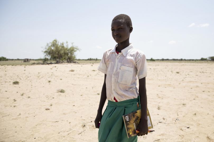 Zipporah, 12, a third grade student, walking to school in Turkana, Kenya, in 2018