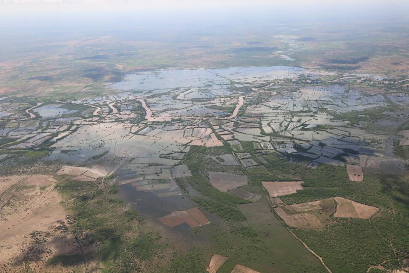 Ariel view of the Shebelle River, which broke its banks and flooded the town of Beledwayne, pictured here underwater.