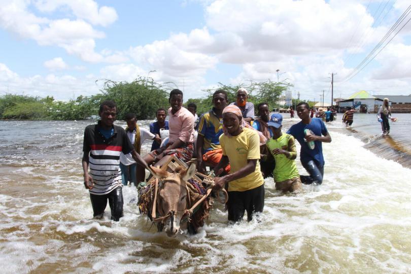 Residents of Baladweyne affected by the floods escaping on donkey cart. Thousands of people have been left displaced due to flooding in the worst-affected area of Beladwayne, Somalia.