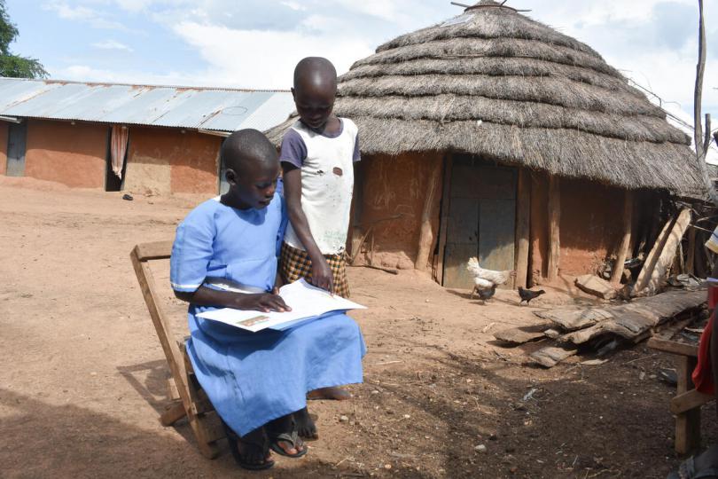 Anna, 12, learning at home in Uganda.