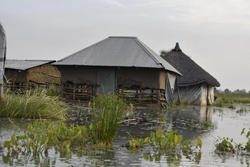 Houses damaged by floods in Bor, South Sudan