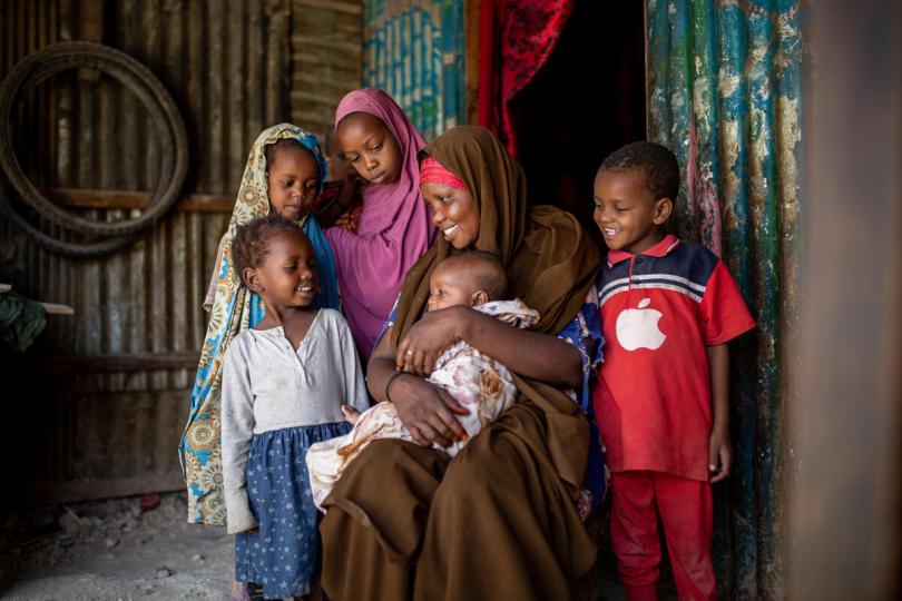  Ladan*, 10, with mum Casho*, 30, and her siblings at home in Puntland, Somalia