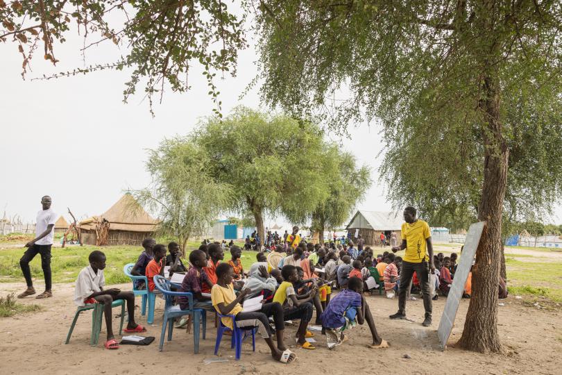 Jok’s lessons take place under a tree in a town in Akobo West, South Sudan.