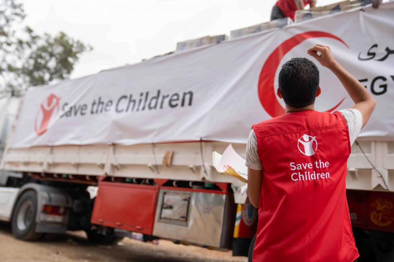 A Save the Children truck loaded with water is ready to cross into Gaza from Egypt