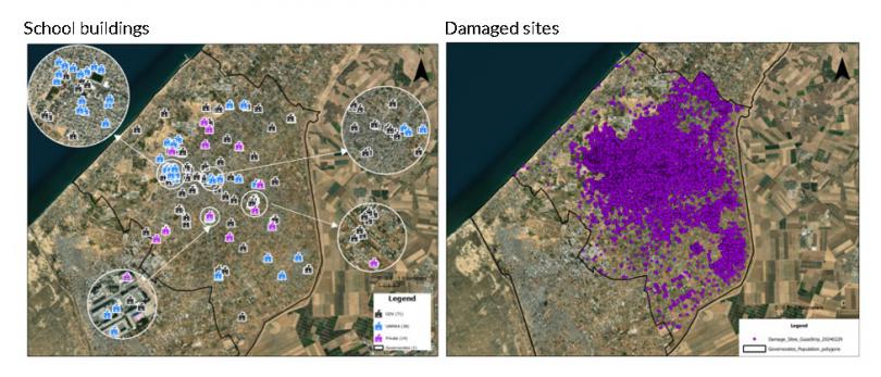 Distribution of school buildings and damaged sites in Khan Younis Governorate
