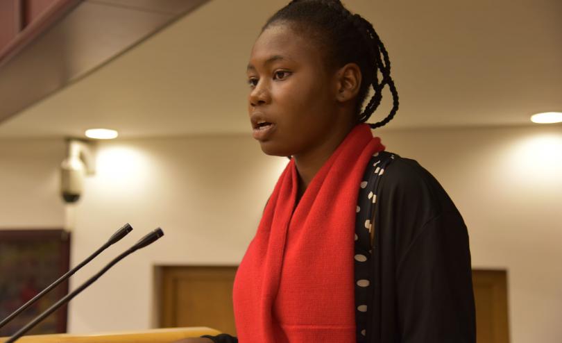 Purity, 14, from Nigeria speaks at the UN Centre in Addis Ababa