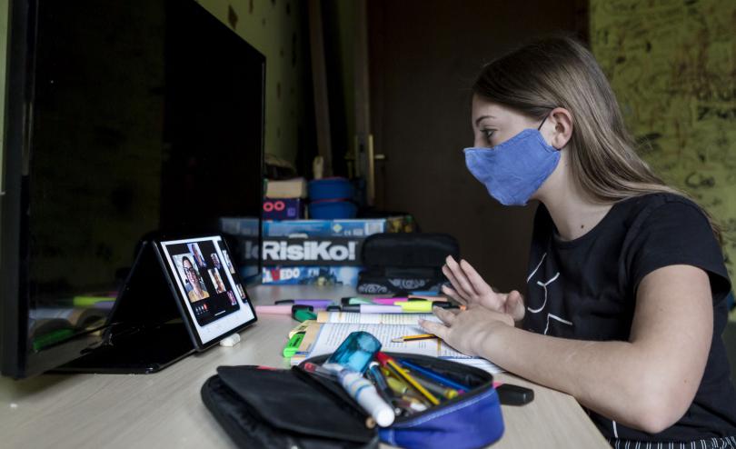 Out of school children are using tablets for home learning during the coronavirus pandemic in Italy
