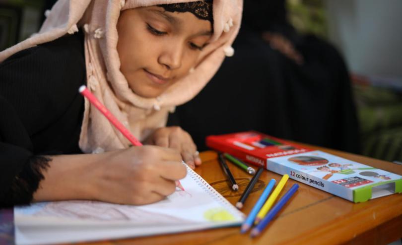 Sarah* is 13 years old and lives in Hodeidah, Yemen, with her family. She goes to a Save the Children Child-Friendly Space to play with friends, paint and learn, among other things.