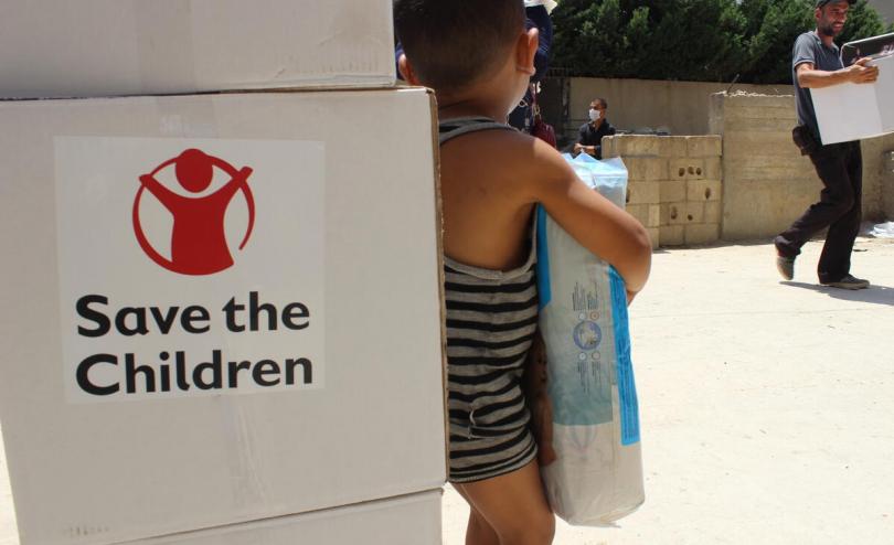 Save the Children is providing food parcels to vulnerable families in this collective shelter