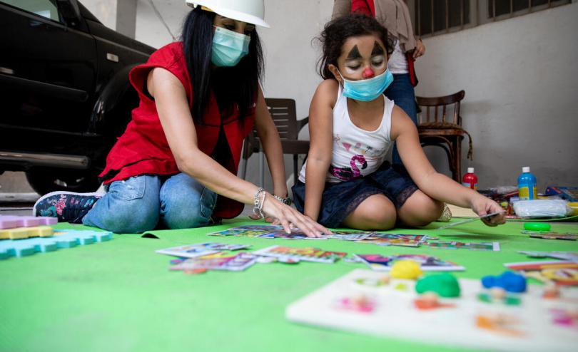 Sonia, 8, plays in the pop-up Child Friendly Space in Beirut