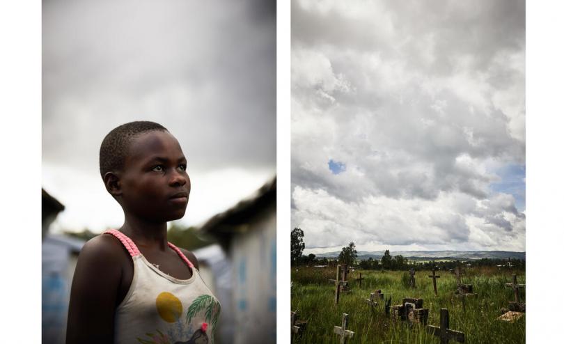 A portrait of Victoire*. 10, alongside a photo of the sky in Ituri Province, Democratic Republic of Congo (DRC).