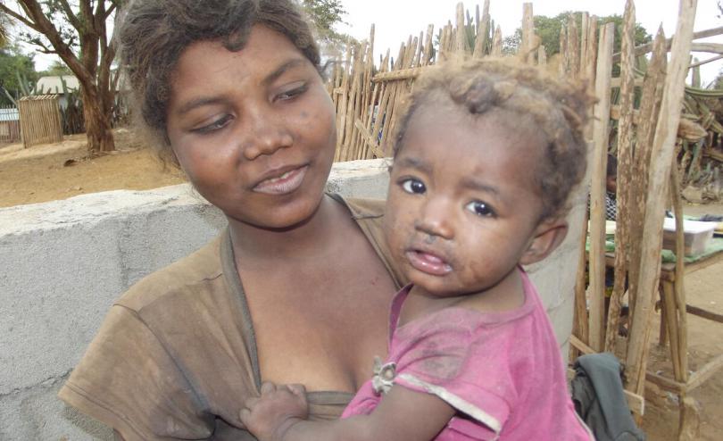 Tsaravolae, 19, with her one year old daughter Rovasoa in Southern Madagascar