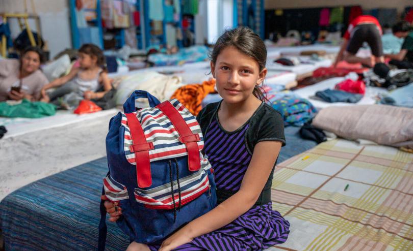 Olesia with her new backpack