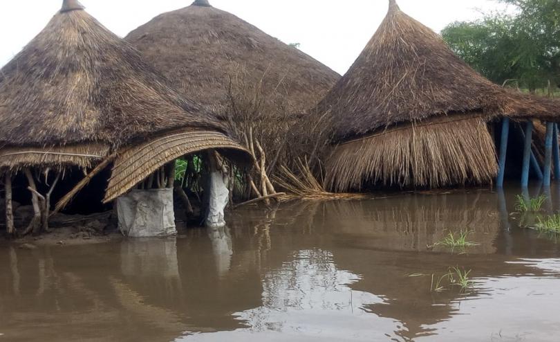 Flooded homes in Koatriang village in Akobo county, South Sudan