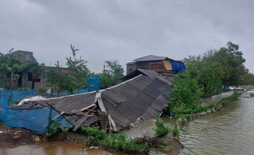 Damage to a building by Cyclone Remal in Bangladesh 