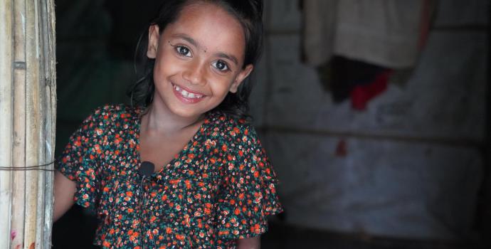 Sultana, 7, at her house in Cox's Bazar