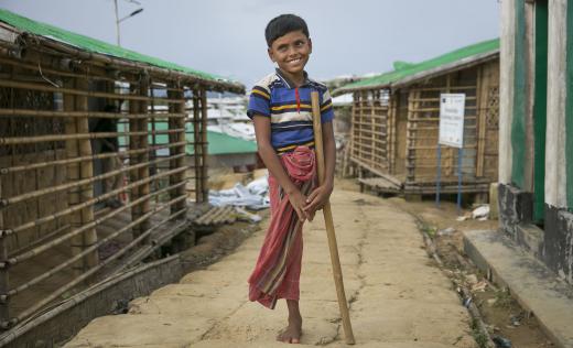 Aziz*, a Rohingya refugee living in Cox's Bazar. He had his leg amputated after being shot during violence in Myanmar