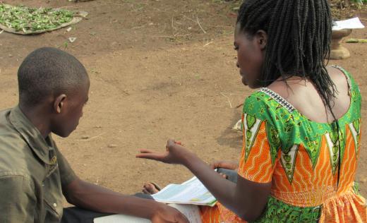 Teacher Brenda supports home learning in Rwamwanja refugee settlement, western Uganda
